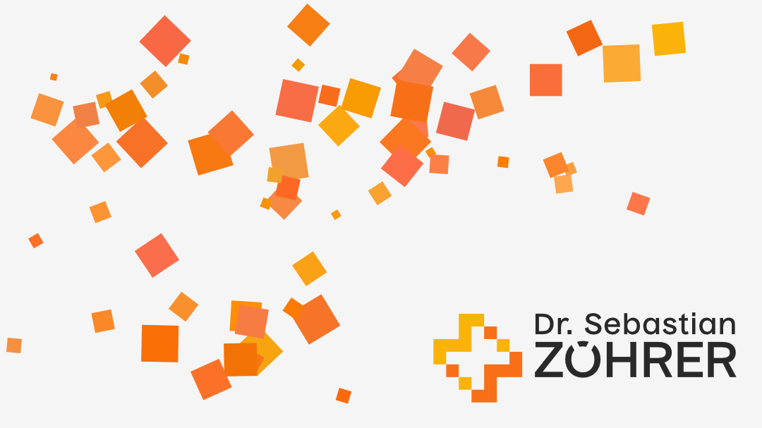 Zufällige Anordnung oranger Quadrate als Gestaltungselement für Dr. Sebastian Zöhrer | Random arrangement of orange squares as a design element for Dr Sebastian Zöhrer